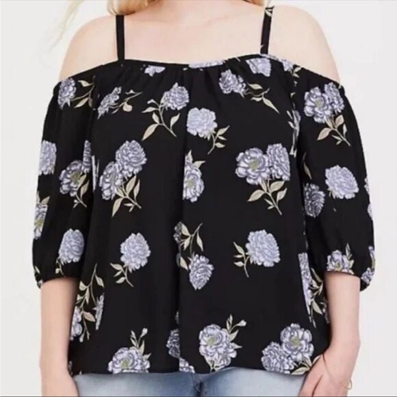 TORRID | Cold Shoulder Black & Blue Floral Georgette Top Women’s Size 3 (3X) - Picture 2 of 12